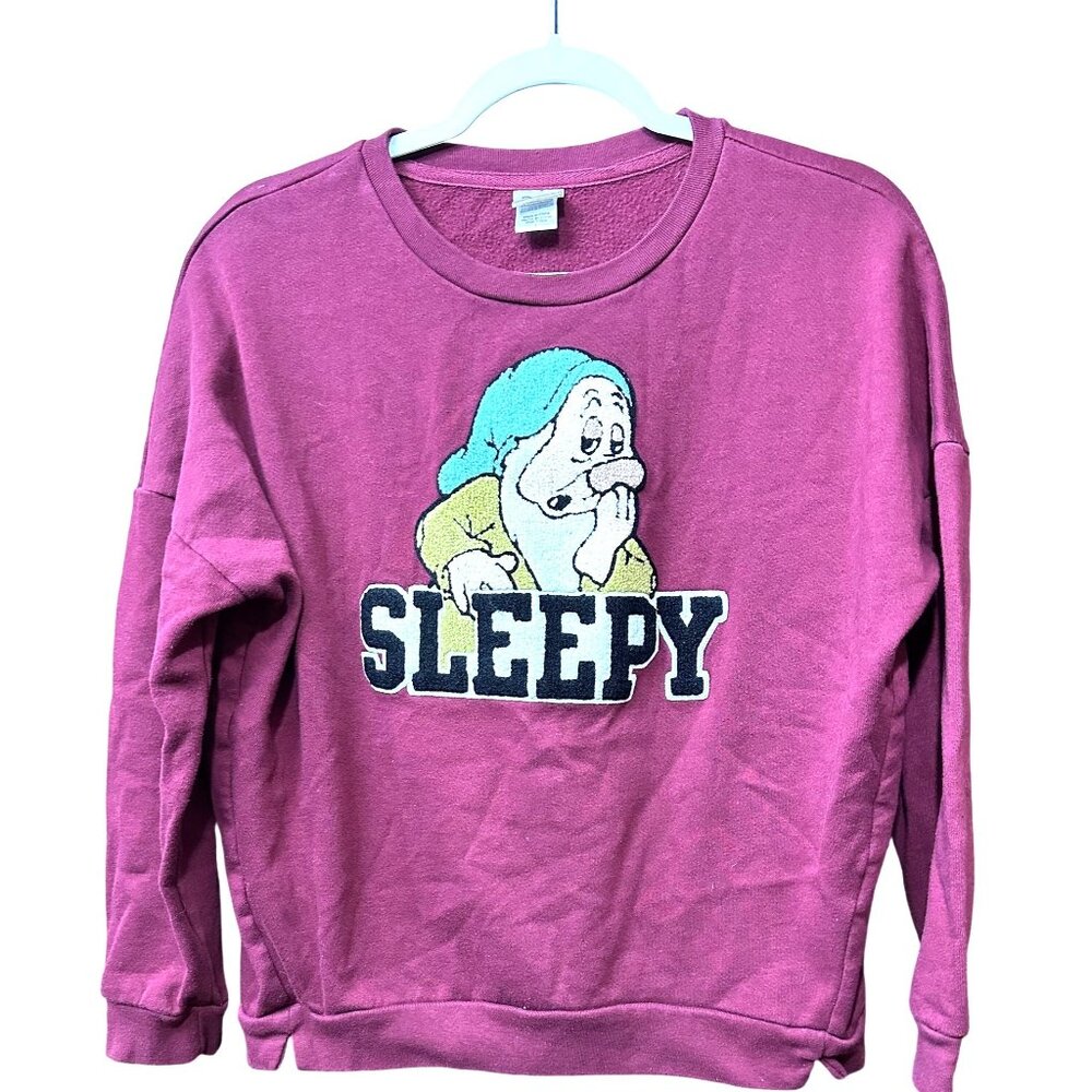 Disney Womens Sleepy Dwarf Graphic Sweatshirt Size L Burgundy